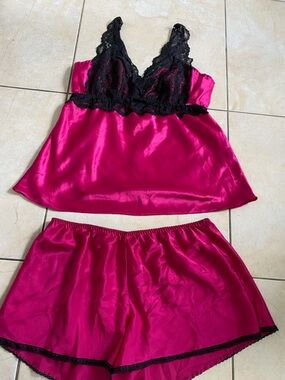 DKNY Fuchsia Satin Top with Black Lace Trim